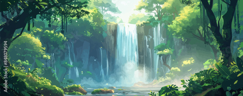 A majestic waterfall hidden deep within a lush forest. Vector flat minimalistic isolated illustration.