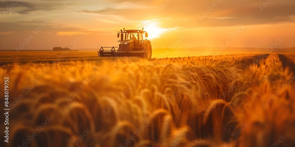 Fototapeta premium Modern tractor working in rice fields at sunset on a barley farm. Concept Agriculture, Farming, Tractor, Rice Fields, Sunset