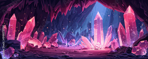 A mystical crystal cave filled with sparkling gemstones and glowing crystals. Vector flat minimalistic isolated illustration.