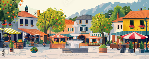 A quaint village square with a fountain and outdoor market stalls. Vector flat minimalistic isolated illustration.