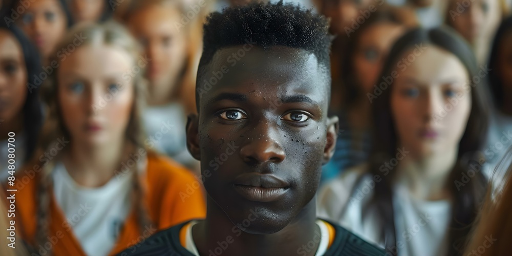 Black student back in class surrounded by a large group of peers. Concept Education, Diversity, Classroom, Students, Inclusion Black student back in class surrounded by a large group of peers. Concept Education, Diversity, Classroom, Students, Inclusion