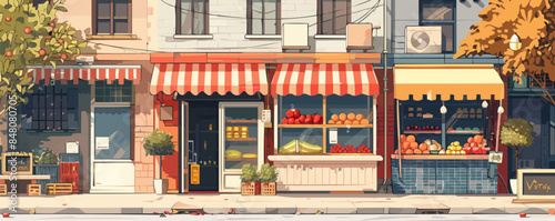 Urban street market with vendor stalls and awnings Vector flat minimalistic isolated illustration