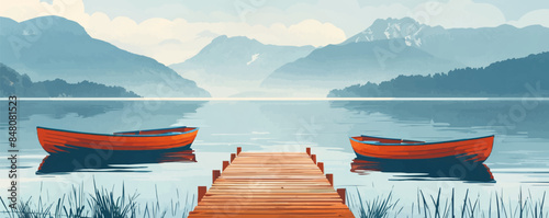 Tranquil lakeside dock with rowboats Vector flat minimalistic isolated illustration