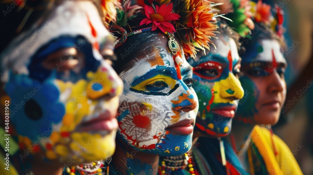 A group of people with painted faces, possibly for a costume party or cultural event