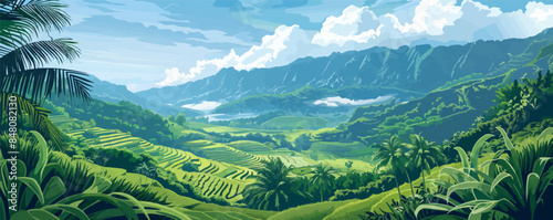 Balinese rice terraces cascading down lush green hillsides. Vector flat minimalistic isolated illustration.