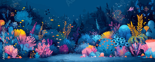 A whimsical underwater kingdom inhabited by mermaids and sea creatures. Vector flat minimalistic isolated illustration.