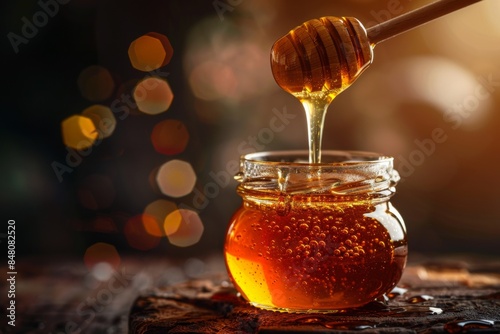 Honey jar with dipper and bokeh background