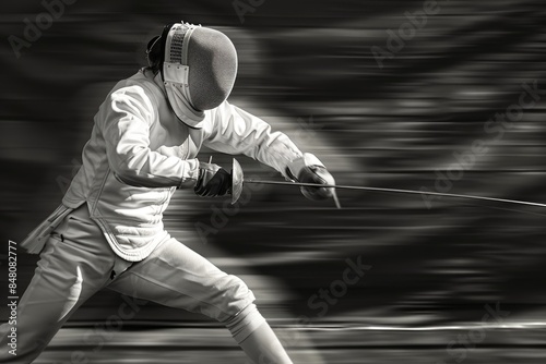 A person in a fencing stance holding a sword, ready for action photo