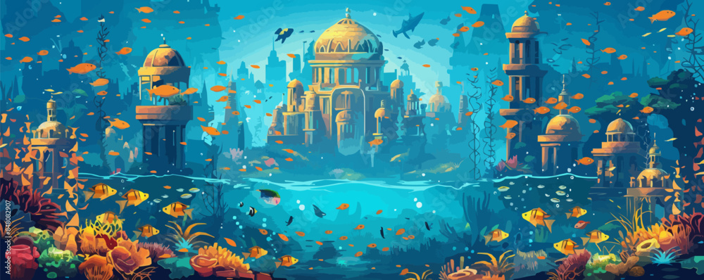 A mystical underwater city with domed buildings and schools of tropical fish. Vector flat minimalistic isolated illustration.