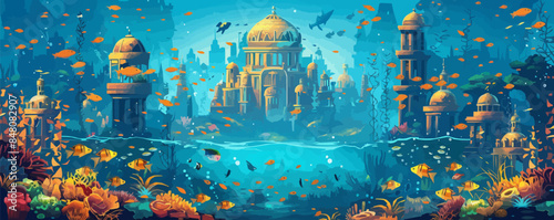 A mystical underwater city with domed buildings and schools of tropical fish. Vector flat minimalistic isolated illustration.