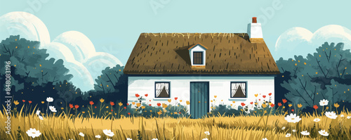 Quaint countryside cottage with a thatched roof and chimney Vector flat minimalistic isolated illustration