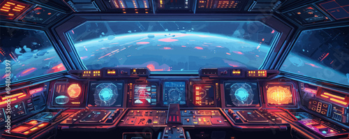 Sci-fi spacecraft cockpit with futuristic controls and screens Vector flat minimalistic isolated illustration