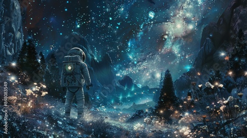 Sci-fi illustration of an astronaut venturing into an alien forest photo