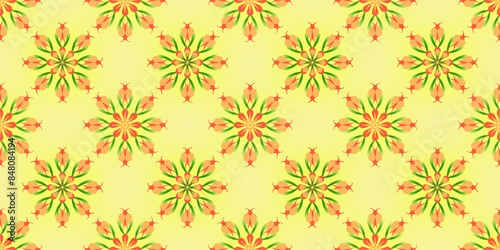 Seamless floral pattern in red-orange color on a lined background, intended to imitate the texture of the fabric, in light yellow color. ethnic flowers