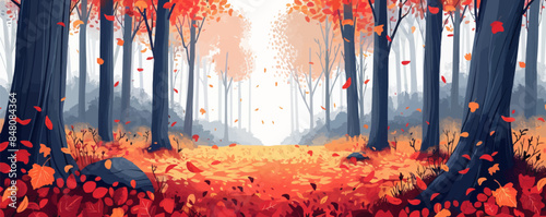 A majestic forest with towering trees and a carpet of colorful autumn leaves. Vector flat minimalistic isolated illustration.