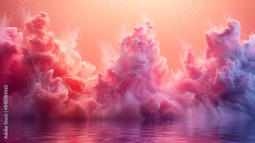 A mesmerizing abstract image featuring vibrant pink and purple ink clouds swirling and merging in water, creating a dreamlike and fluid scene with soft textures and a gradient background