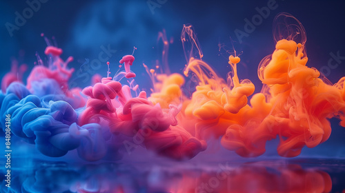 A stunning image of vibrant blue, pink, and orange ink swirling and diffusing in water, creating a dynamic and visually striking abstract pattern