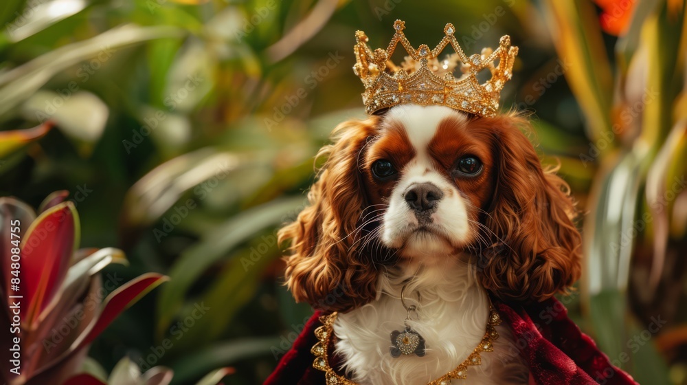 A professional photo shot of a female cavalier king charles spaniel puppy in a royal princess outfit with a miniature crown and velvet cloak, set in a cute, cartoonish palace garden