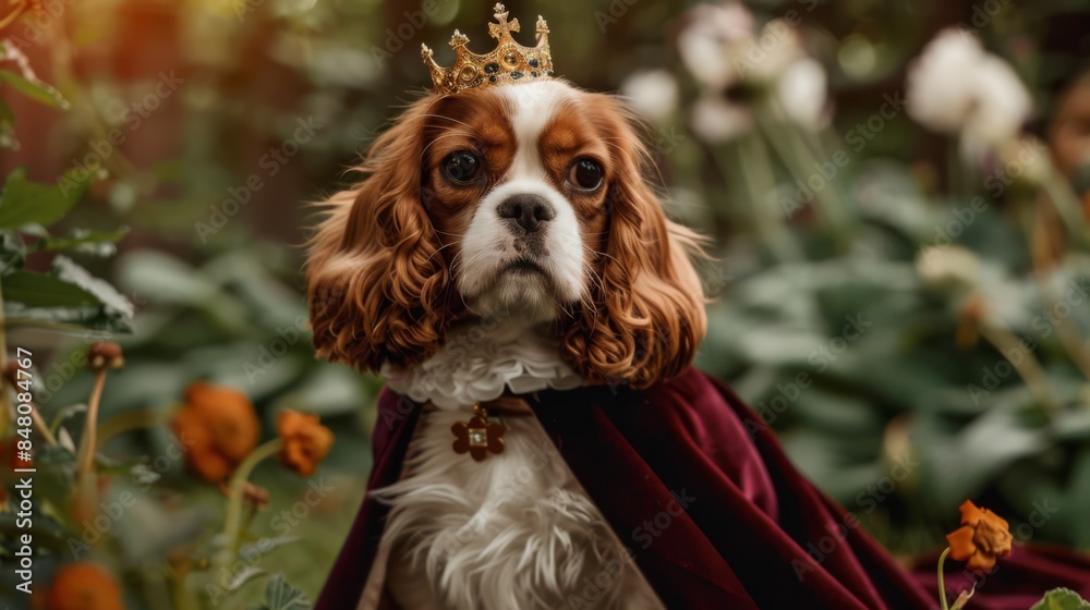 A professional photo shot of a female cavalier king charles spaniel puppy in a royal princess outfit with a miniature crown and velvet cloak, set in a cute, cartoonish palace garden