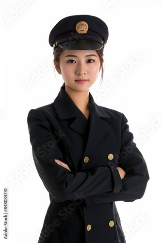 Cruise Ship Staff - A Chinese pretty young women super model working on cruise ships and providing various guest services, dressed in attire suitable for cruise ship staff duties