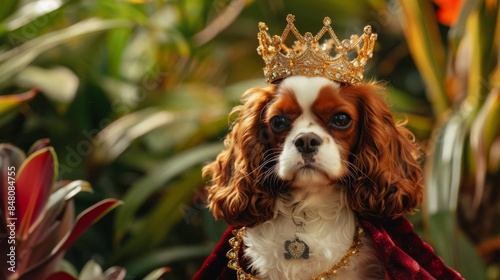 Obraz na płótnie A professional photo shot of a female cavalier king charles spaniel puppy in a royal princess outfit with a miniature crown and velvet cloak, set in a cute, cartoonish palace garden w salonie