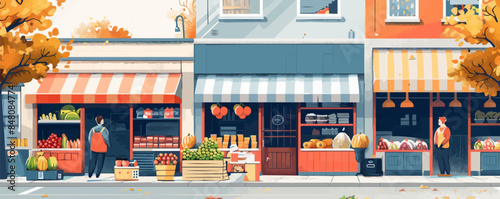 Urban street market with vendor stalls and awnings Vector flat minimalistic isolated illustration