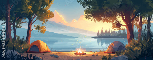 A serene lakeside campground with tents pitched beneath towering trees and a crackling campfire. Vector flat minimalistic isolated illustration.