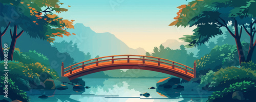 Rustic wooden bridge over a tranquil stream. Vector flat minimalistic isolated illustration.