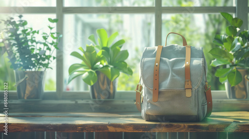 A stylish canvas backpack with leather straps sits on a wooden table by a window, surrounded by potted plants. 