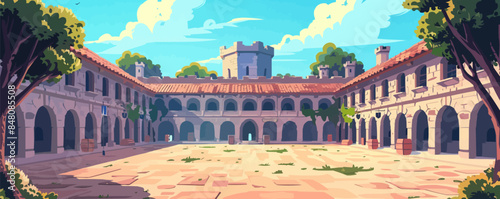 Medieval castle courtyard with a jousting arena Vector flat minimalistic isolated illustration