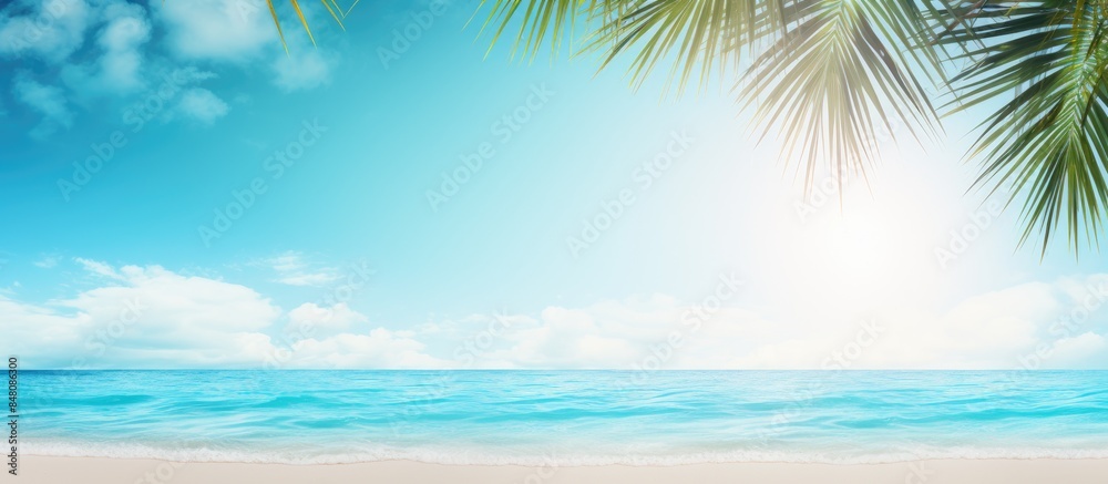 Fototapeta premium Sand with Palm and tropical beach and sea background with frame design for creative advertising Summer vacation and travel concept Copy space