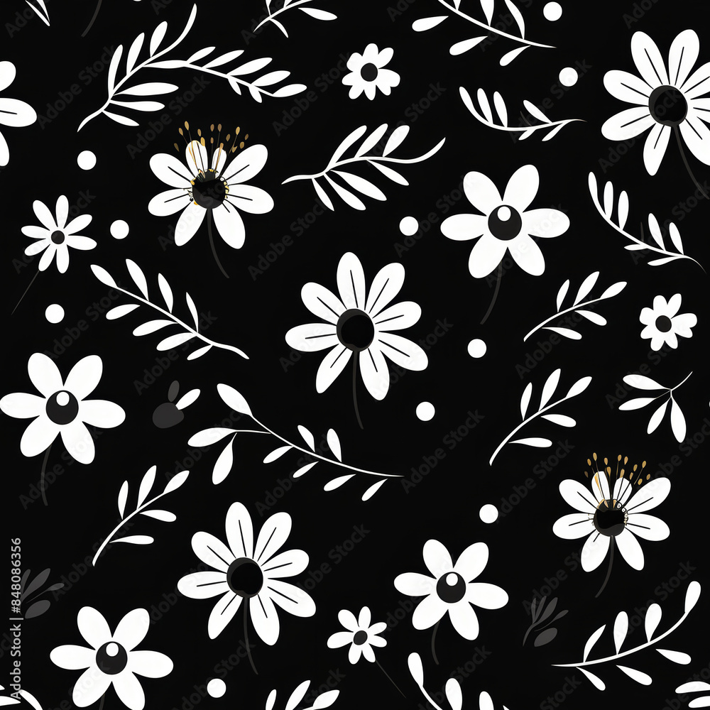 seamless floral pattern with harmony black and white color, ready for full-print pattern design