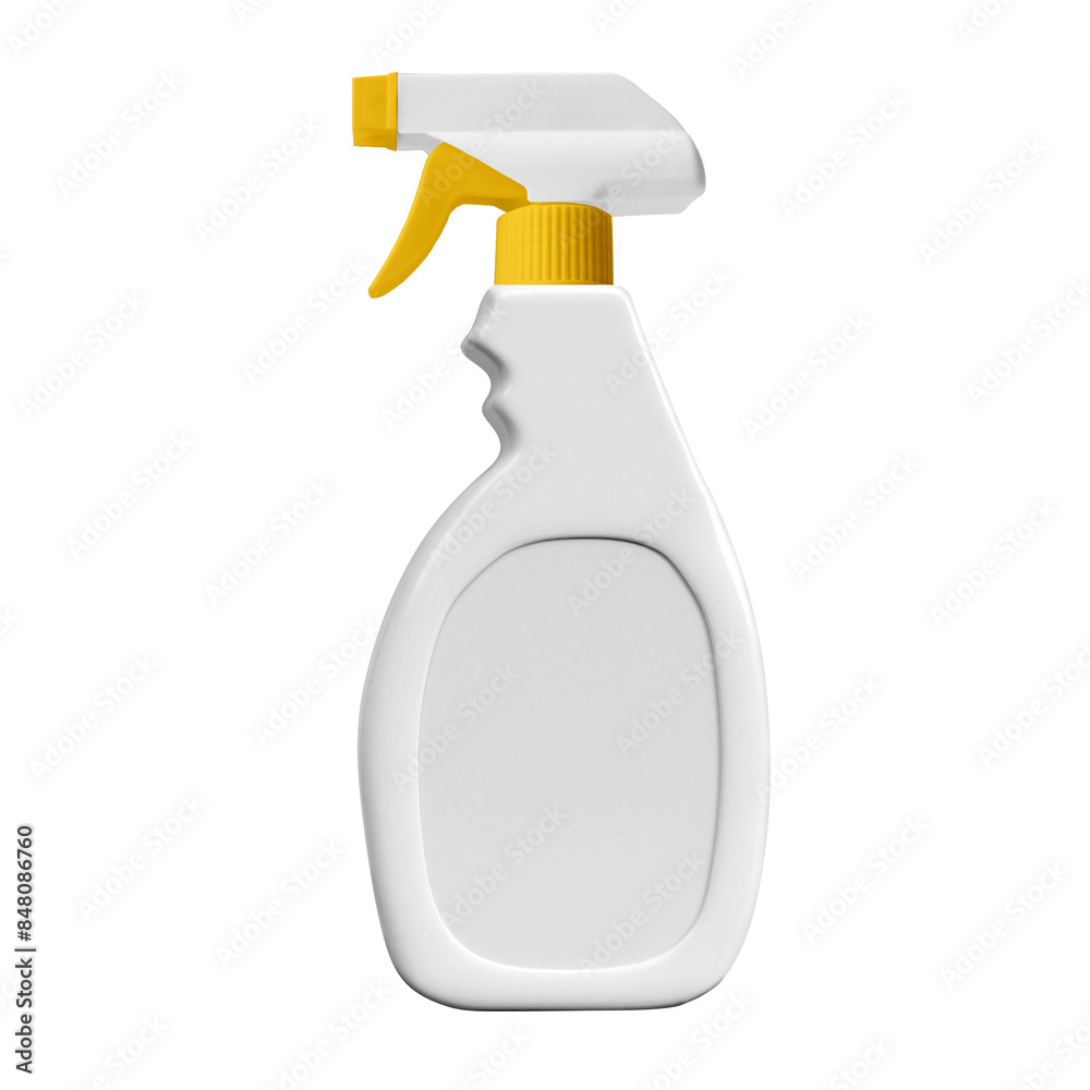 plastic spray bottle with trigger and blank label on white background. Container element suitable for detergent, kitchen house cleaner or disinfectant.3d illustration, 3d rendering plastic spray bottle with trigger and blank label on white background. Container element suitable for detergent, kitchen house cleaner or disinfectant.3d illustration, 3d rendering