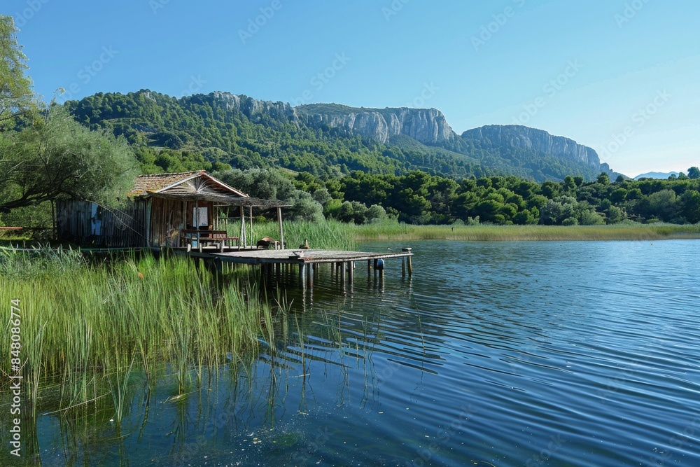 Obraz premium Rustic Lake Cabin by Mountain Range