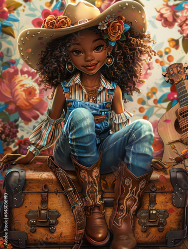 African American cowgirl wearing a cowboy hat, boots and jeans, sitting on top of a guitar case