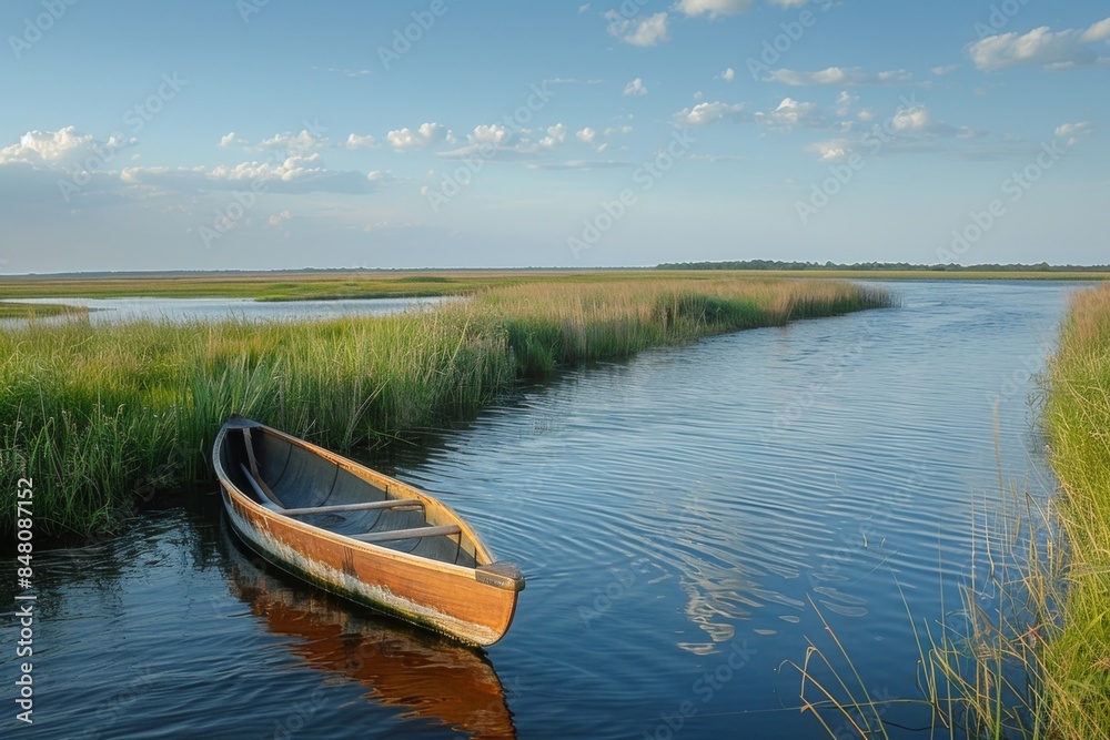 Naklejka premium Wooden Canoe on Peaceful River