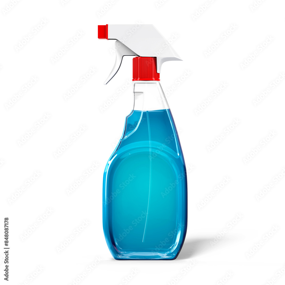 plastic spray bottle with trigger and blank label on white background. Container element suitable for detergent, kitchen house cleaner or disinfectant.3d illustration, 3d rendering plastic spray bottle with trigger and blank label on white background. Container element suitable for detergent, kitchen house cleaner or disinfectant.3d illustration, 3d rendering