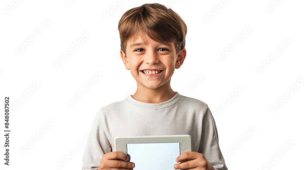 Joyful boy with tablet computer in front of him, showcasing his happiness on a white background. Joyful boy with tablet computer in front of him, showcasing his happiness on a white background.