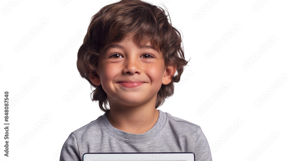 Smiling Young Boy With tablet with Joy, white background Smiling Young Boy With tablet with Joy, white background