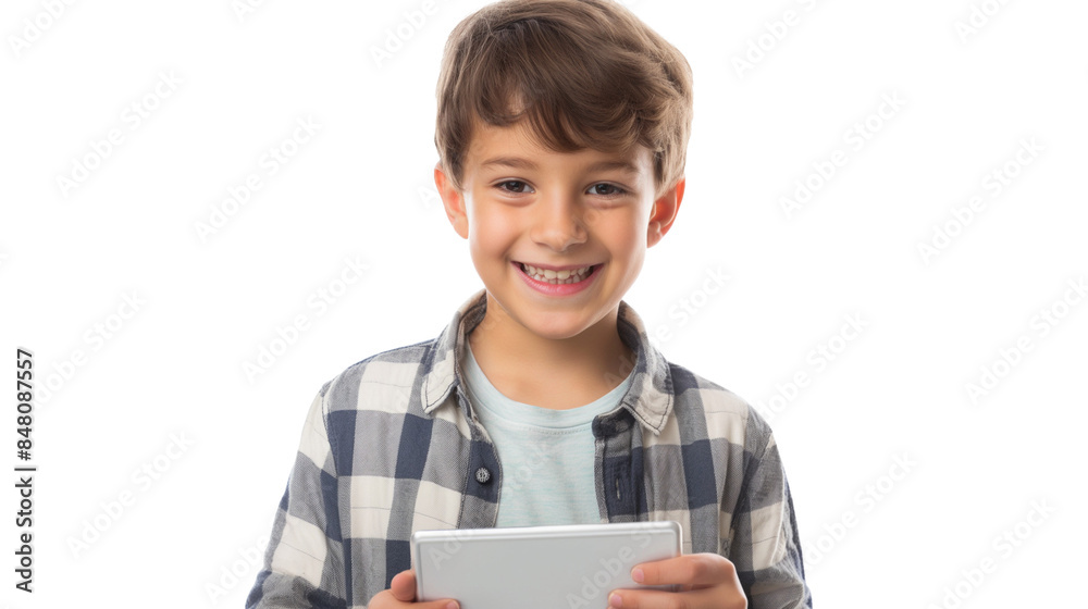 Smiling boy with tablet computer in hand, exuding joy against a white backdrop. Smiling boy with tablet computer in hand, exuding joy against a white backdrop.