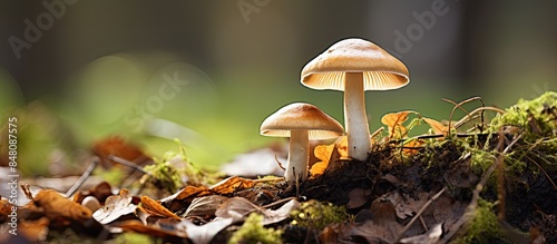 Edible mushrooms Coprinellus micaceus close up. Creative banner. Copyspace image photo