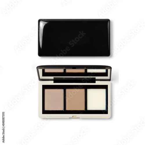 Make Up Bundle mockup blank on white background, eye shadow palette with mirror, top view, open and close