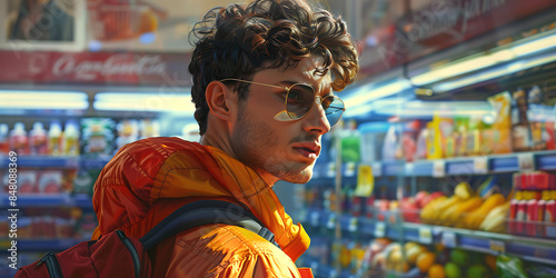 Young American man shopping in supermarket background - Ai Generated
