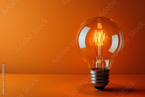 Vintage Light Bulb Illuminated on a Vibrant Orange Background