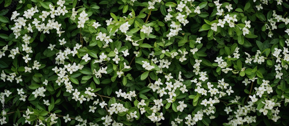 white little flowers on a green bush a pattern of white flowers summer in the yard texture background. Creative banner. Copyspace image white little flowers on a green bush a pattern of white flowers summer in the yard texture background. Creative banner. Copyspace image