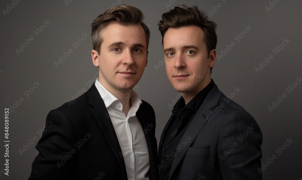 Two identical twin men pose in professional attire against a neutral background looking similar and composed. Two identical twin men pose in professional attire against a neutral background looking similar and composed.