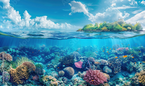 Super realistic professional photo of the calm clean blue surface of the sea, with a beautiful and colorful coral reef. © RobertNyholm