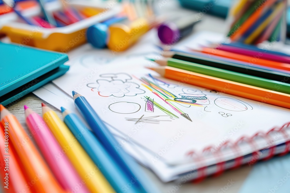 Written words and drawings on white paper with colorful educational supplies, learning and creativity concept Written words and drawings on white paper with colorful educational supplies, learning and creativity concept