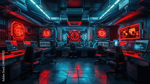 Digital control room concept with red dangerous warning computer screens. AI generated image photo