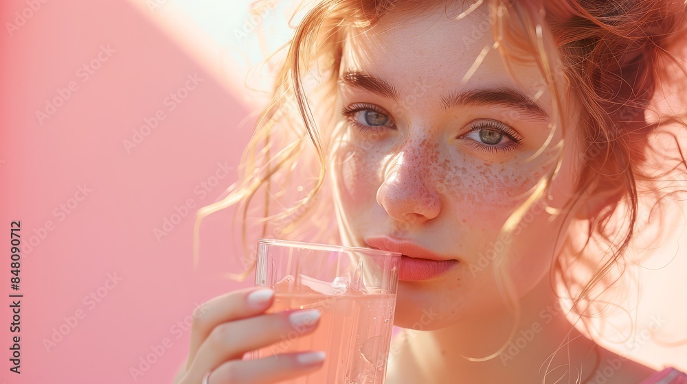 women cozy morning routine lady Wake up and drink a glass of water , pink and peach color background women cozy morning routine lady Wake up and drink a glass of water , pink and peach color background